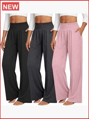 3-Pack Wide Leg Yoga Pants with Pockets Comfy Lounge Joggers